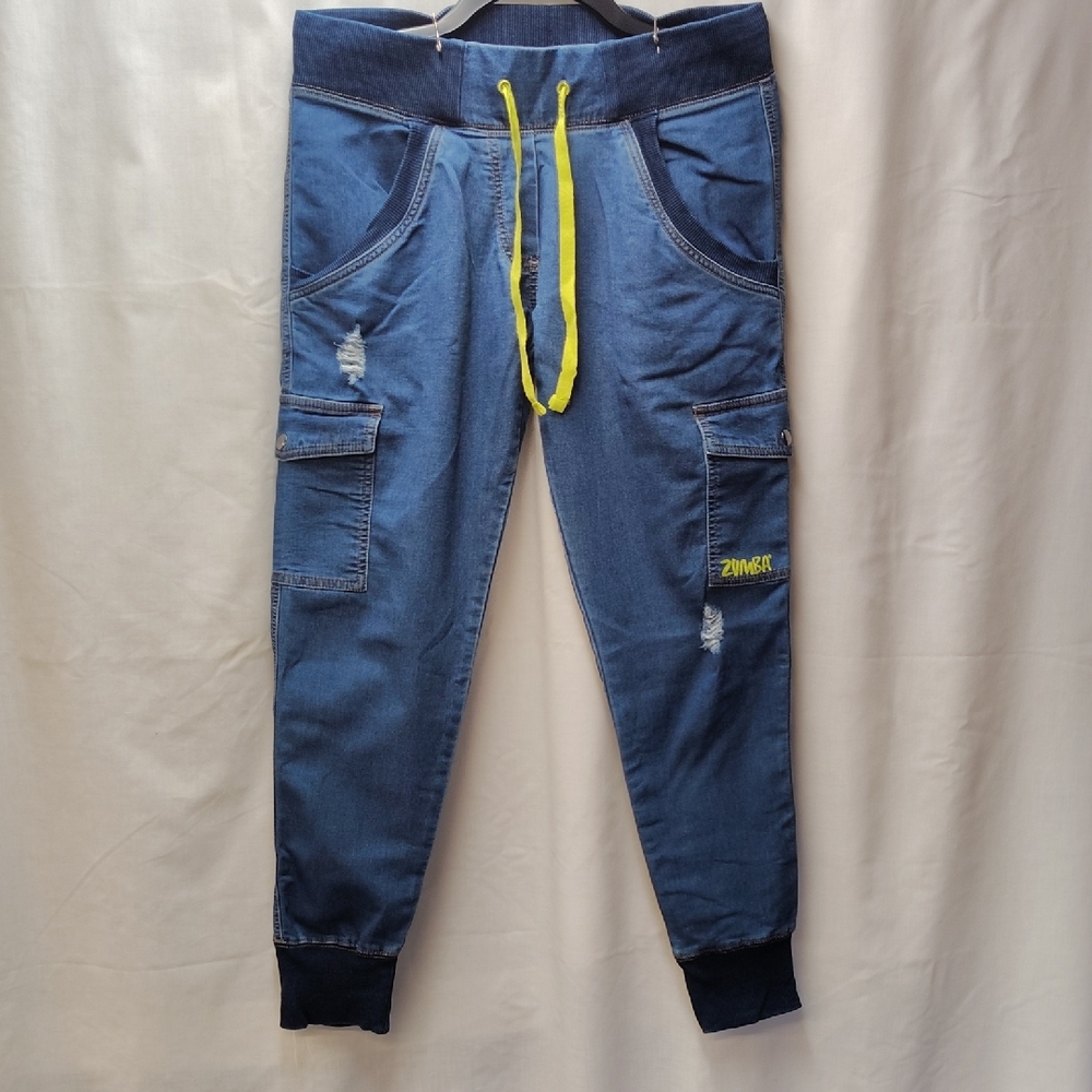 Rare Zumba Fitness Blue Denim Cargo Pants With Bright Yellow Accents.